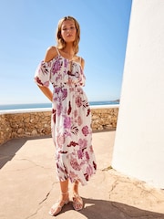 Cream/Pink Floral Off Shoulder Strappy Summer Dress - Image 1 of 7