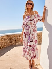 Cream/Pink Floral Off Shoulder Strappy Summer Dress - Image 2 of 7