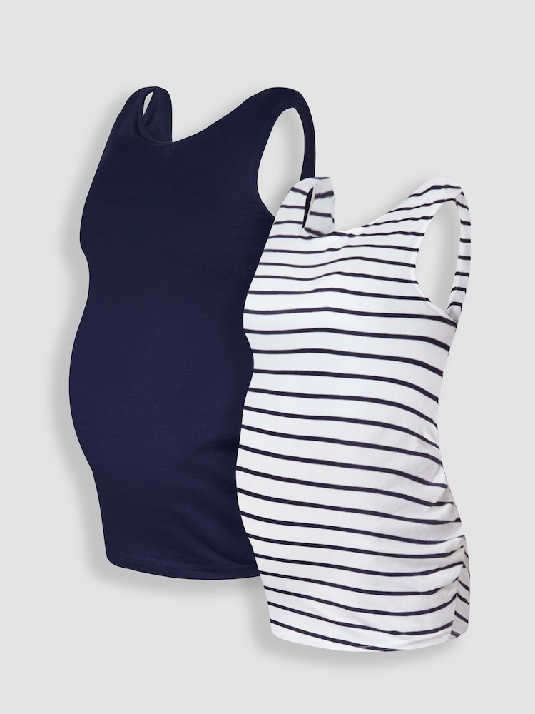 JoJo Maman Bébé Navy Blue & White Navy Blue Stripe 2-Pack Ruched Maternity Vest Tops - Image 1 of 9