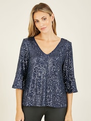 Yumi Blue Sequin Top With Fluted Sleeve - Image 1 of 5