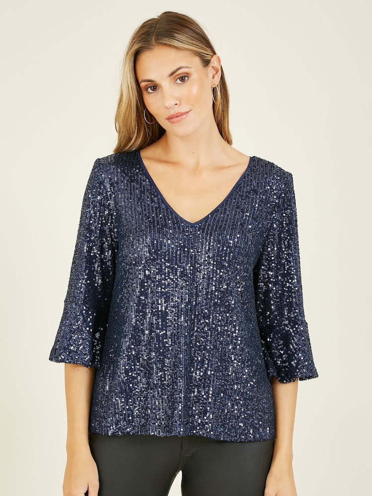 Yumi Blue Sequin Top With Fluted Sleeve - Image 1 of 5