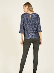 Yumi Blue Sequin Top With Fluted Sleeve - Image 2 of 5