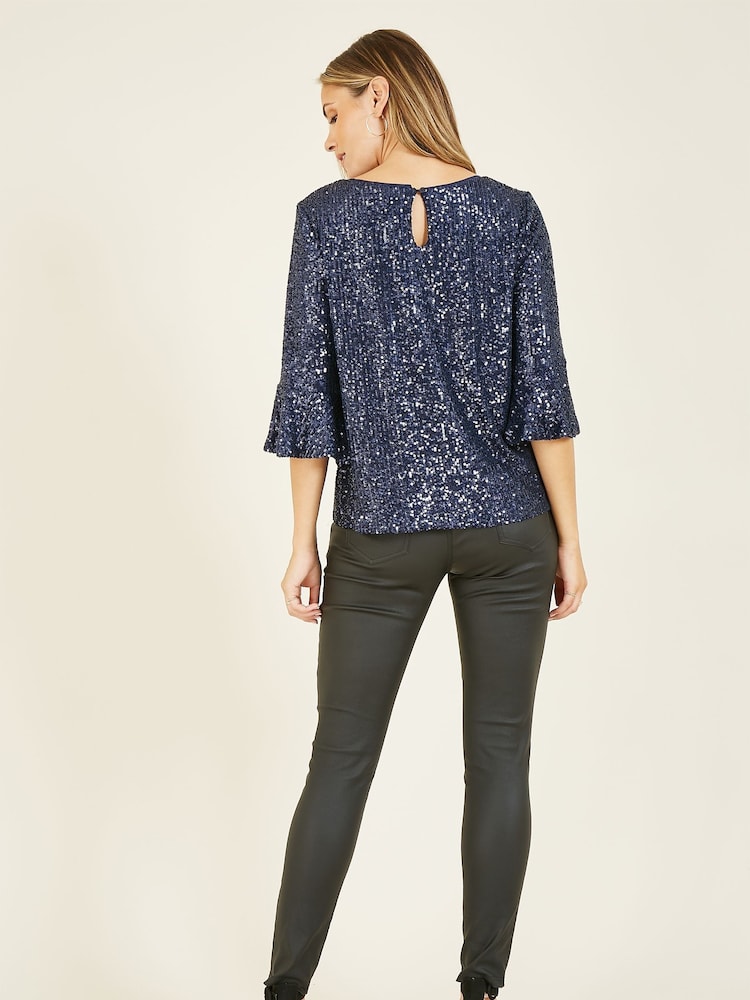 Yumi Blue Sequin Top With Fluted Sleeve - Image 2 of 5