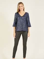Yumi Blue Sequin Top With Fluted Sleeve - Image 3 of 5