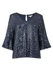 Yumi Blue Sequin Top With Fluted Sleeve - Image 5 of 5