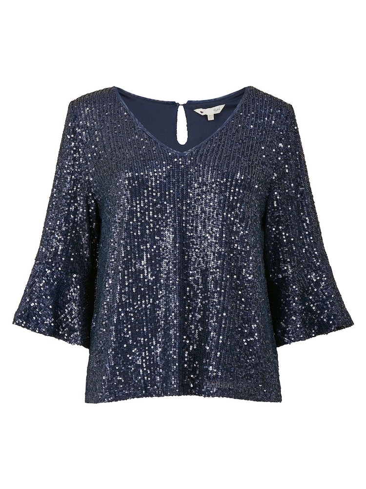 Yumi Blue Sequin Top With Fluted Sleeve - Image 5 of 5