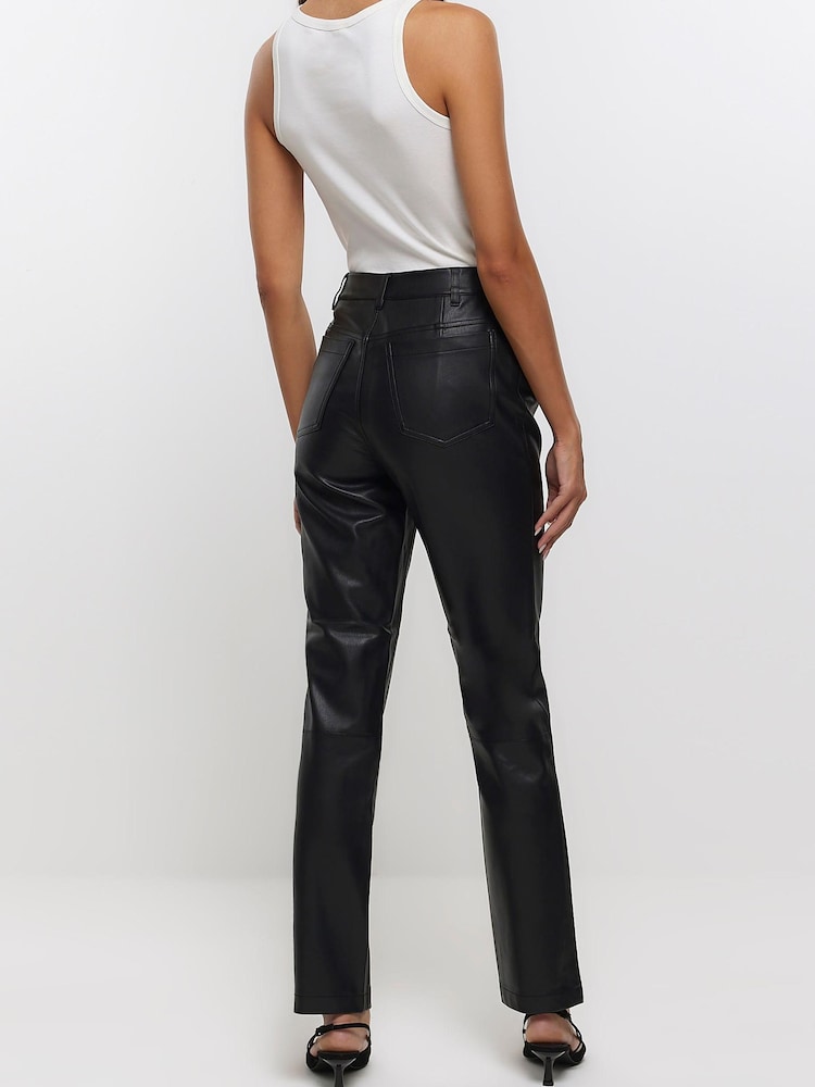 River Island Black Faux Leather Straight Leg Trousers - Image 2 of 4