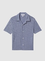 Reiss Blue Basswood Junior Printed Cuban Collar Button Through T-Shirt - Image 2 of 6