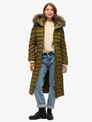 Superdry Grey Marl/Jaffa Fuji Faux Fur Hooded Longline Coat - Image 1 of 6