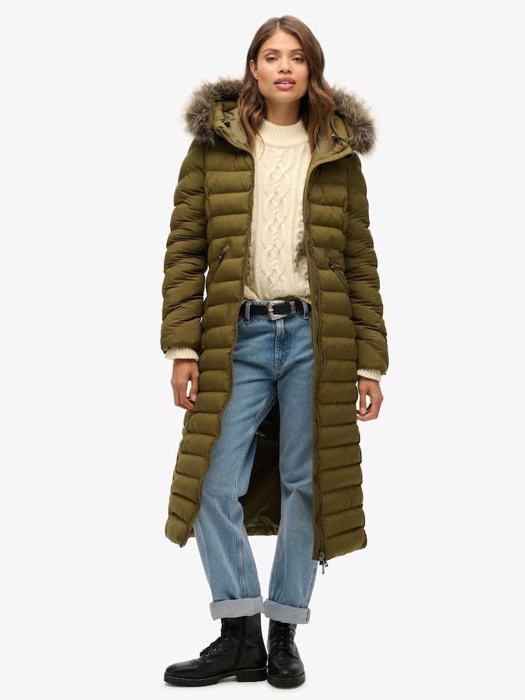 Superdry Grey Marl/Jaffa Fuji Faux Fur Hooded Longline Coat - Image 1 of 6