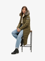Superdry Grey Marl/Jaffa Fuji Faux Fur Hooded Longline Coat - Image 3 of 6