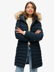 Superdry Eclipse Navy Blue Fuji Faux Fur Hood Padded Mid Length Jacket - Image 1 of 6