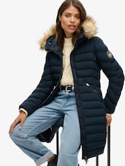 Superdry Eclipse Navy Blue Fuji Faux Fur Hood Padded Mid Length Jacket - Image 2 of 6