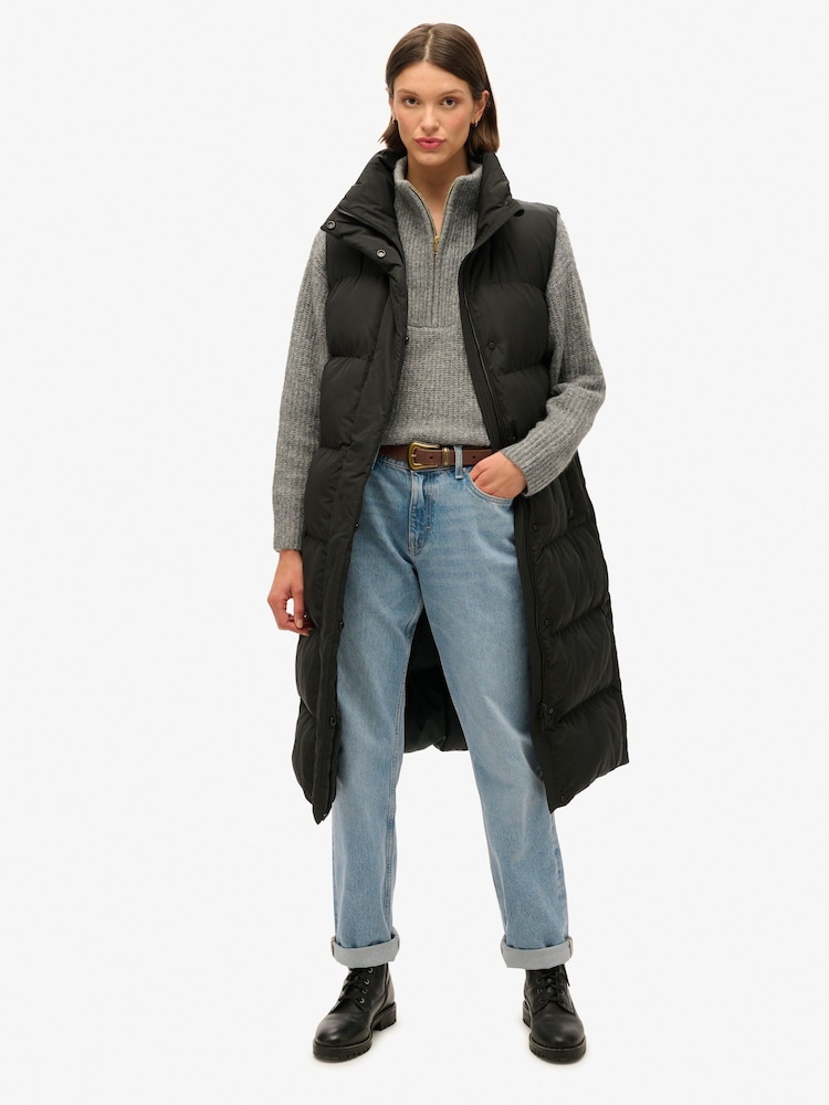 Superdry Black Longline Puffer Gilet - Image 1 of 4