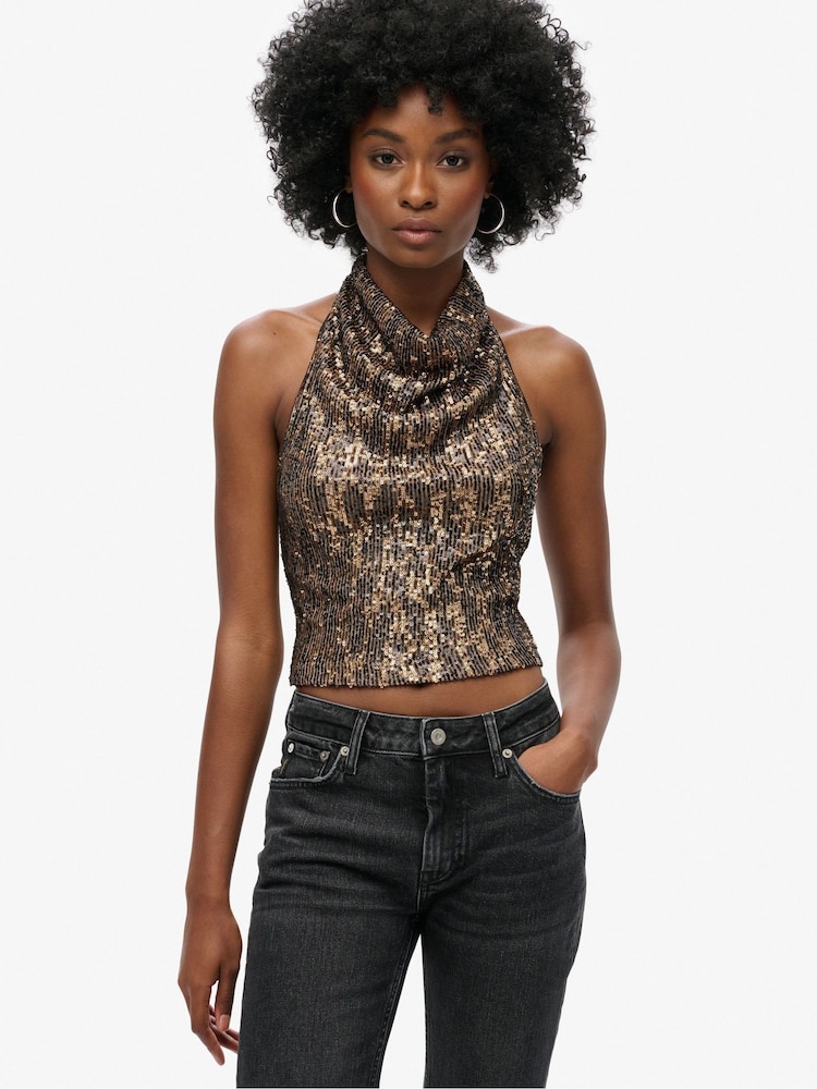 Superdry Gold Cowl Halter Neck Sequin Blouses - Image 1 of 6