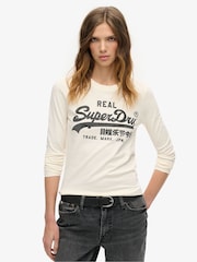 Superdry Cream Slub 100% Cotton Embellished Vl Graphic Long Sleeve Top - Image 1 of 5