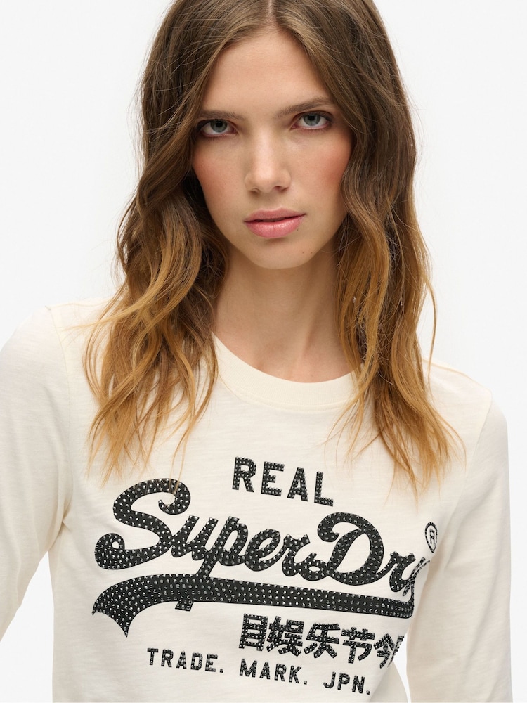 Superdry Cream Slub 100% Cotton Embellished Vl Graphic Long Sleeve Top - Image 3 of 5