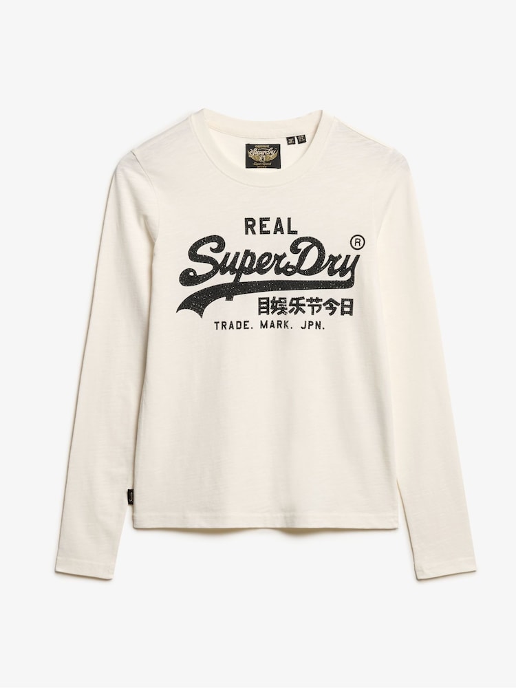 Superdry Cream Slub 100% Cotton Embellished Vl Graphic Long Sleeve Top - Image 4 of 5