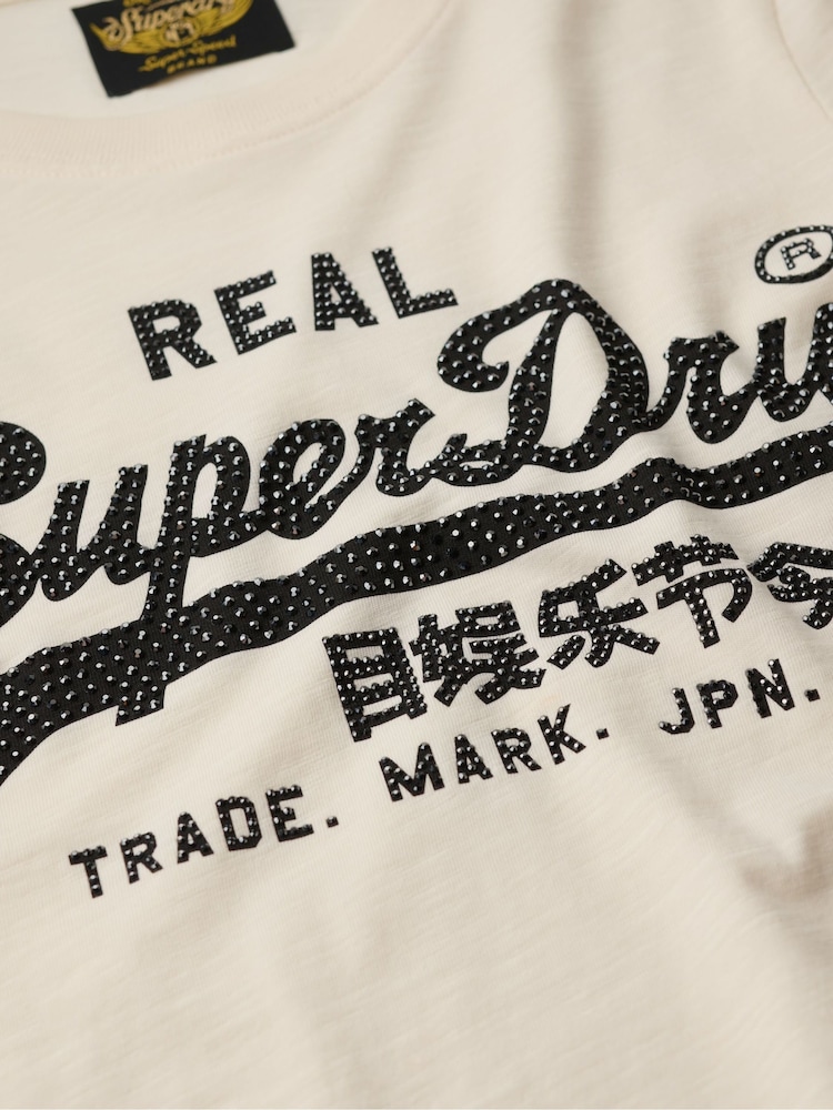 Superdry Cream Slub 100% Cotton Embellished Vl Graphic Long Sleeve Top - Image 5 of 5