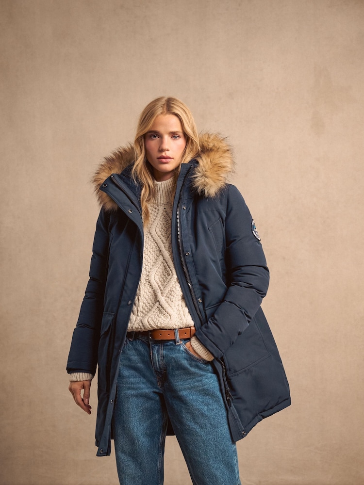 Superdry Nordic Chrome Navy Everest Faux Fur Parka Jacket - Image 1 of 14