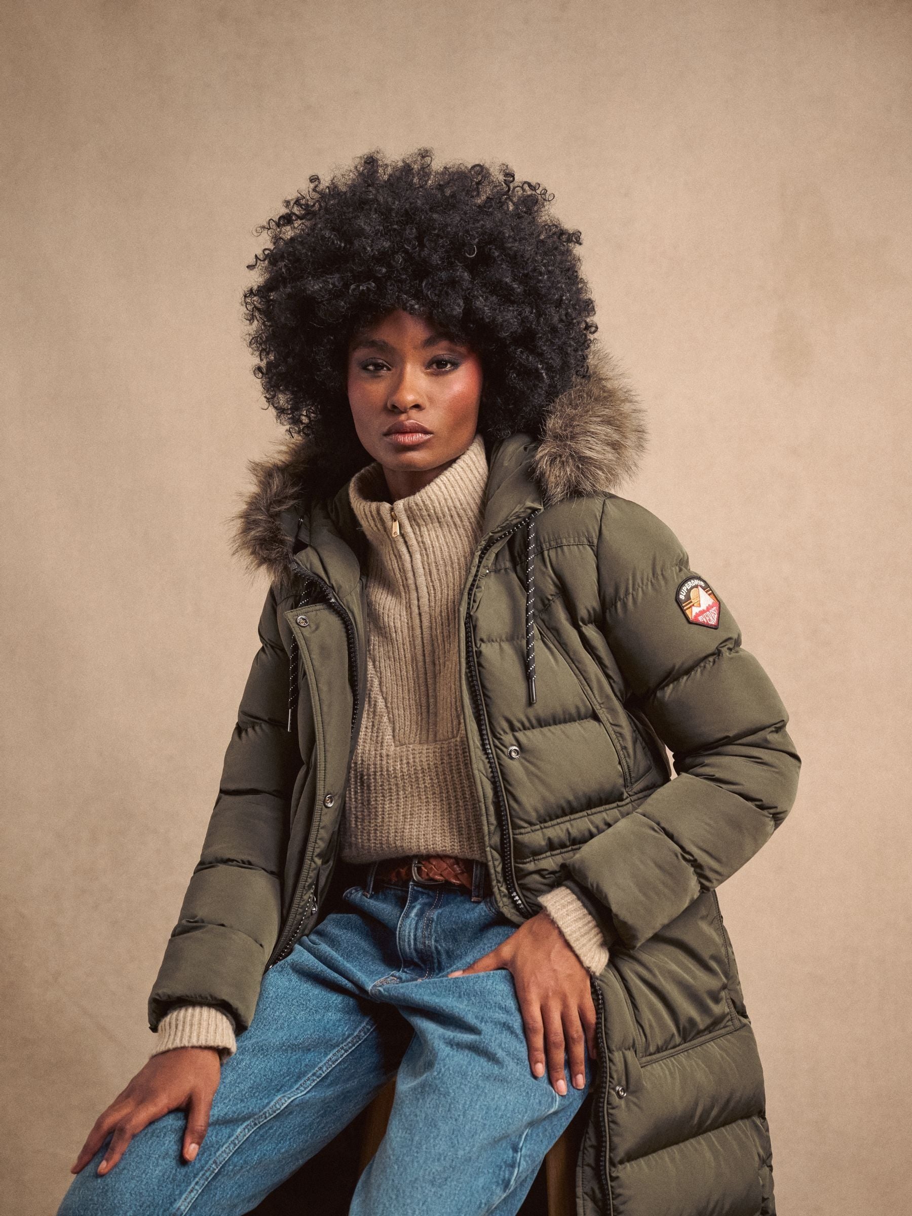 Buy Superdry Army Khaki Everest Faux Fur Longline Jacket from Next Bahrain
