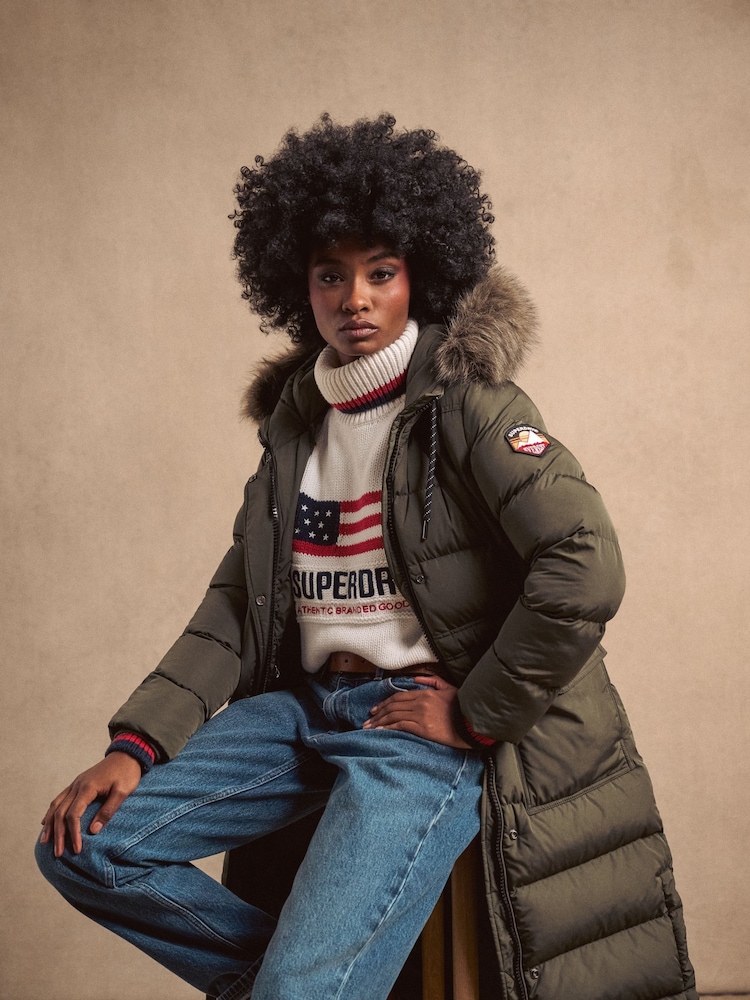 Superdry Army Khaki Everest Faux Fur Longline Jacket - Image 7 of 12