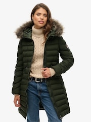 Superdry Olive Green Fuji Faux Fur Hood Padded Mid Length Jacket - Image 1 of 5