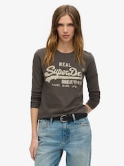 Superdry Vintage Black Slub 100% Cotton Embellished Vl Graphic Long Sleeve Top - Image 1 of 4