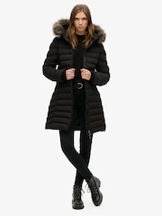Superdry Black Fuji Faux Fur Hood Padded Mid Length Jacket - Image 1 of 5