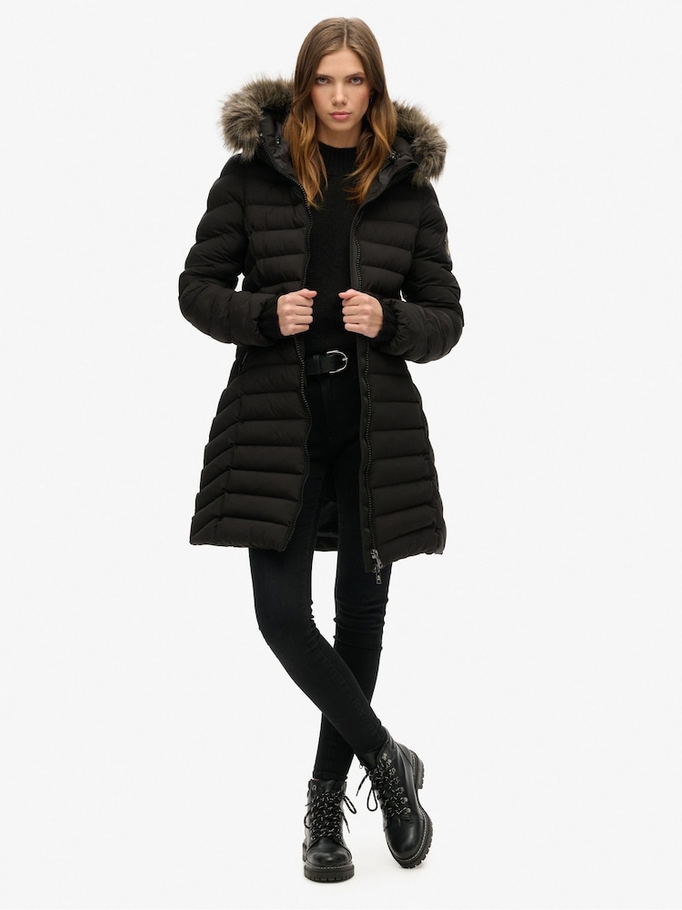 Superdry Black Fuji Faux Fur Hood Padded Mid Length Jacket - Image 1 of 5