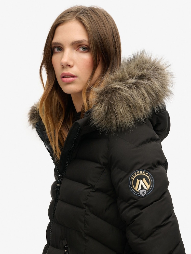Czarny - Superdry Fuji Faux Fur Hood Padded Mid Length Jacket - Image 3 of 5