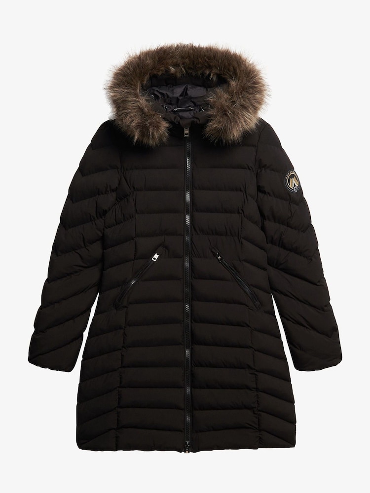 Czarny - Superdry Fuji Faux Fur Hood Padded Mid Length Jacket - Image 4 of 5