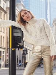 Ecru White Crochet Open Stitch Roll Neck Jumper - Image 5 of 8