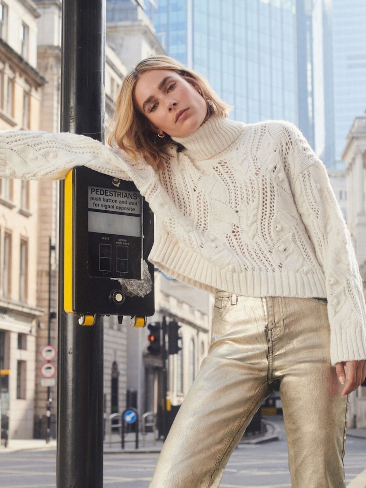 Ecru White Crochet Open Stitch Roll Neck Jumper - Image 5 of 8