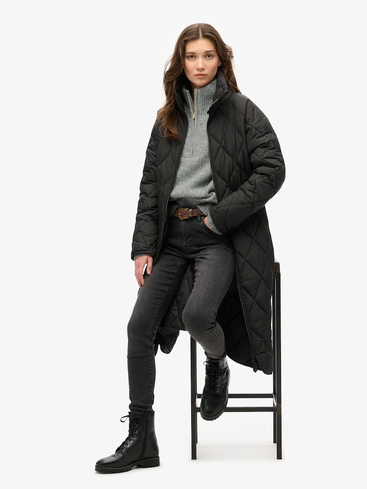 Superdry Black Superlong Quilt Liner Coat - Image 4 of 8