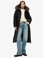 Superdry Black Fuji Faux Fur Hooded Longline Coat - Image 1 of 5