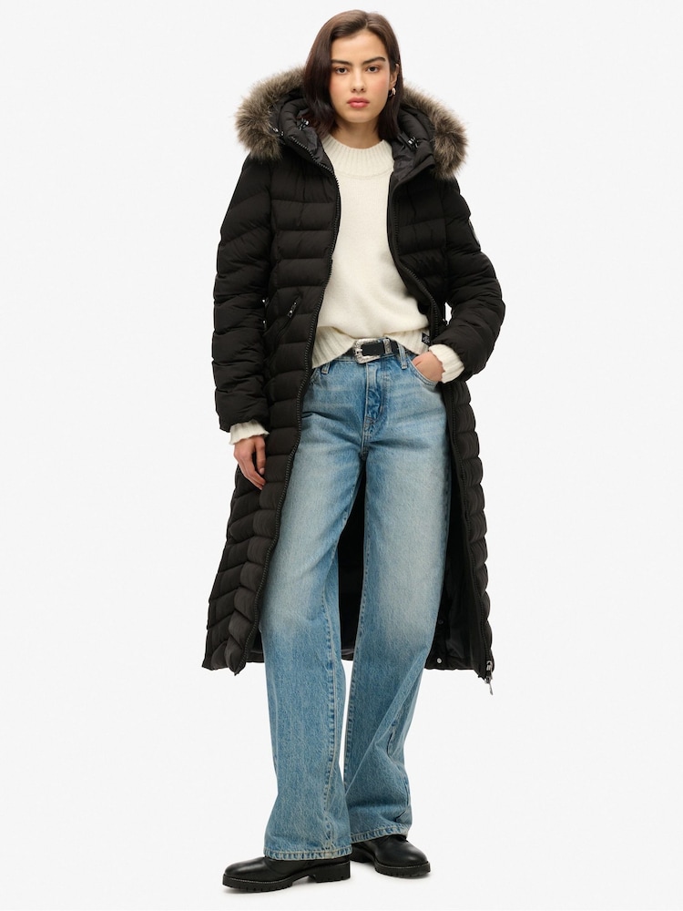 Superdry Black Fuji Faux Fur Hooded Longline Coat - Image 1 of 5