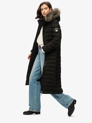 Superdry Black Fuji Faux Fur Hooded Longline Coat - Image 2 of 5