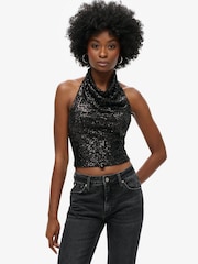 Superdry Black Cowl Halter Neck Sequin Blouses - Image 1 of 6
