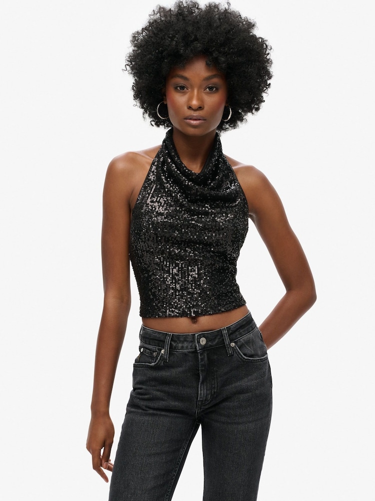 Superdry Black Cowl Halter Neck Sequin Blouses - Image 1 of 6