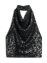 Superdry Black Cowl Halter Neck Sequin Blouses - Image 5 of 6
