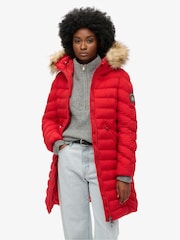 Superdry Red Fuji Faux Fur Hood Padded Mid Length Jacket - Image 1 of 6