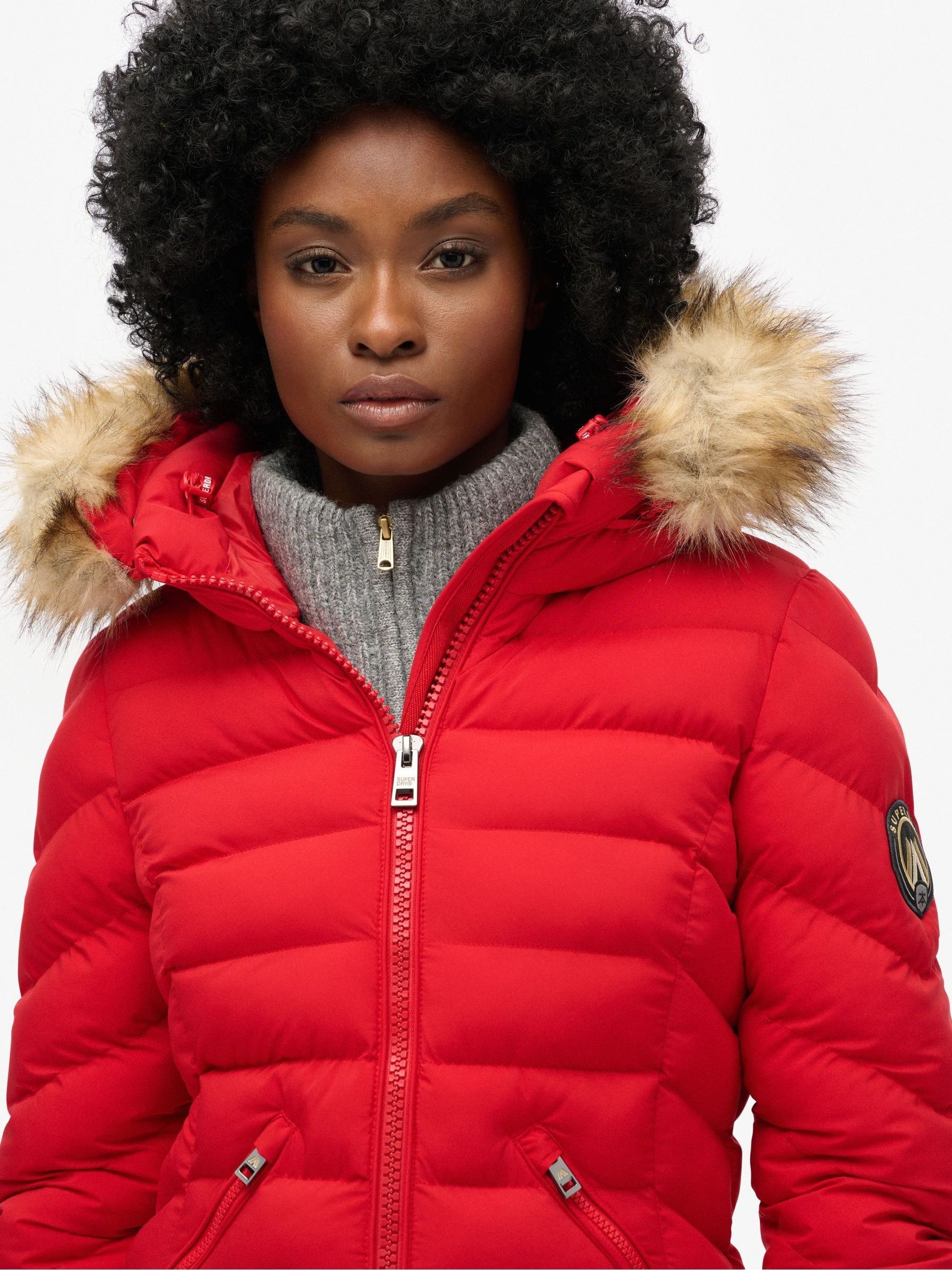 Red padded faux fur hooded coat outlet