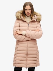Superdry Winter Taupe Fuji Faux Fur Hood Padded Mid Length Jacket - Image 1 of 5