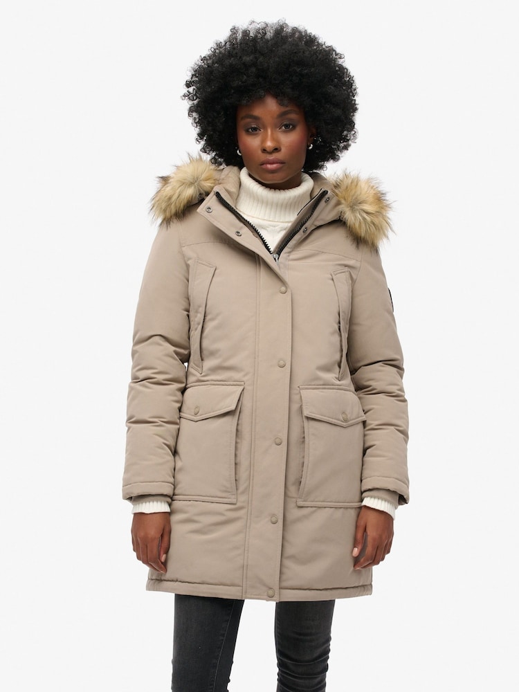 Superdry Deep Beige Slub Everest Faux Fur Parka Jacket - Image 1 of 6