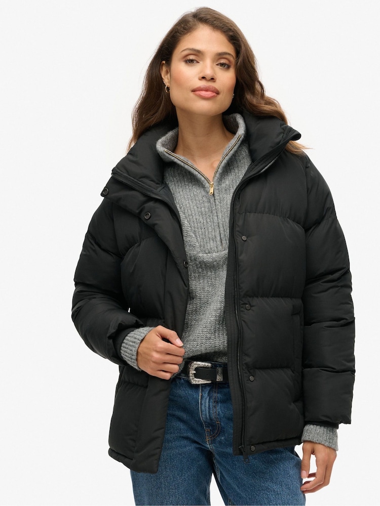 Superdry Black Mid Length Puffer Jacket - Image 1 of 5