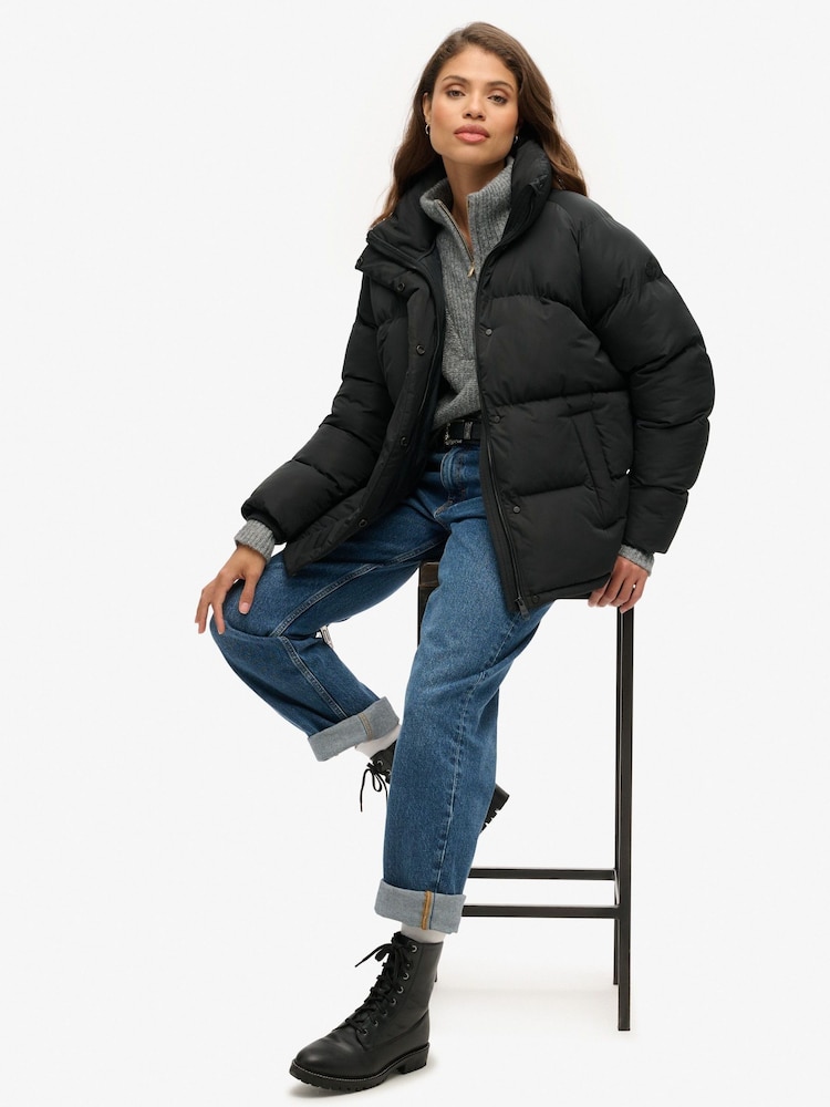 Superdry Black Mid Length Puffer Jacket - Image 3 of 5