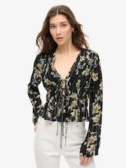Superdry Blue 70s Sleeve Pleated Woven Top - Image 1 of 4