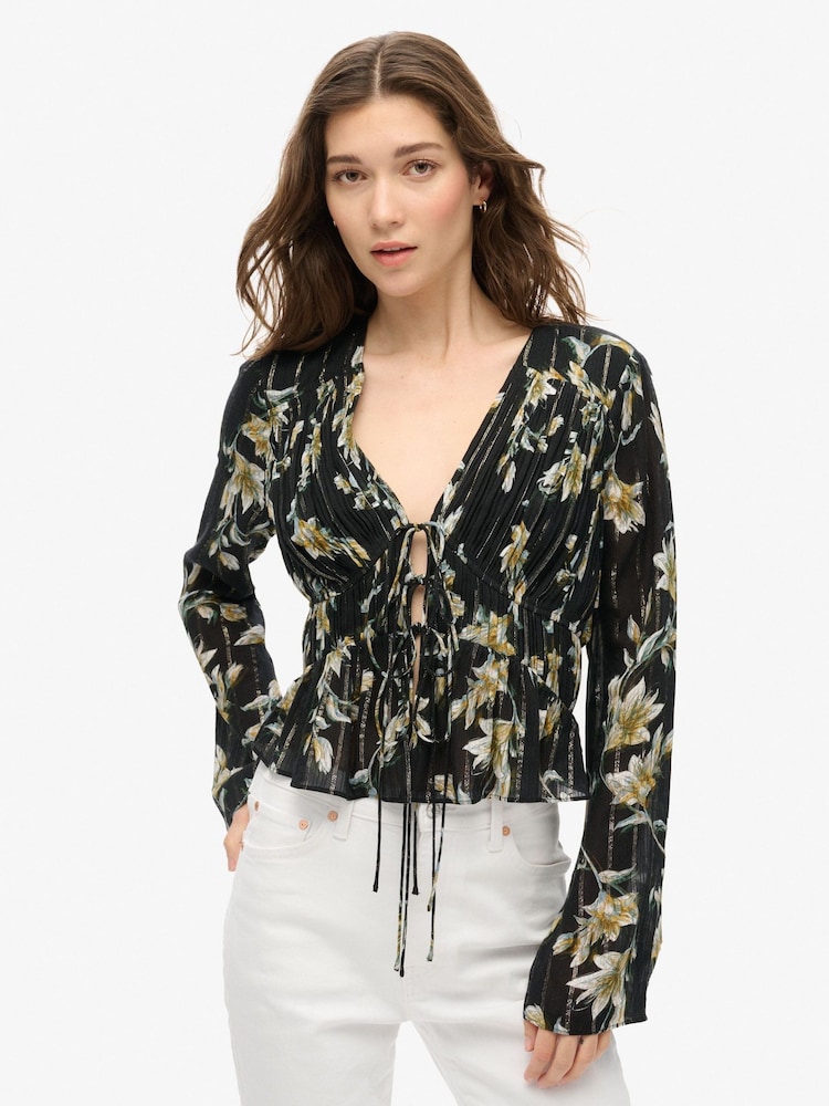 Superdry Blue 70s Sleeve Pleated Woven Top - Image 1 of 4