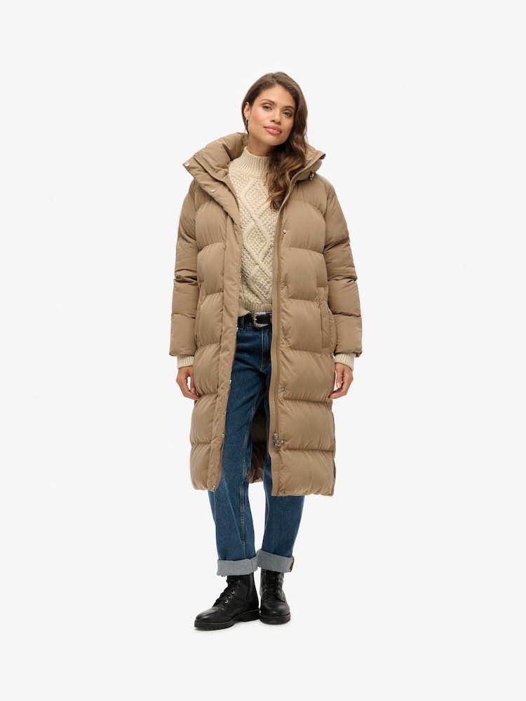 Superdry Fossil Brown Longline Hooded Puffer Coats - Image 1 of 5 Superdry Fossil Brown Longline Hooded Puffer Coats - Image 1 of 5